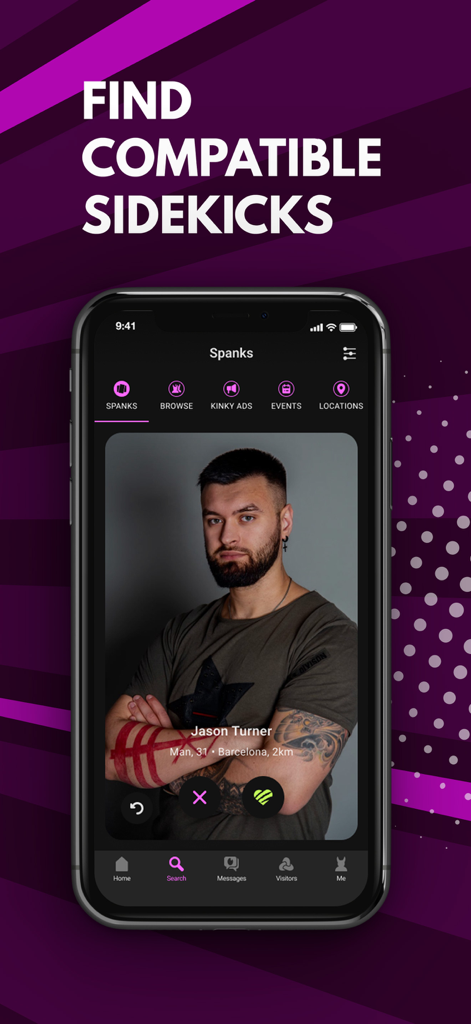 A mobile screen from the FET kinky dating app showing a male user profile with a swipe interface and the text Find Compatible Sidekicks.