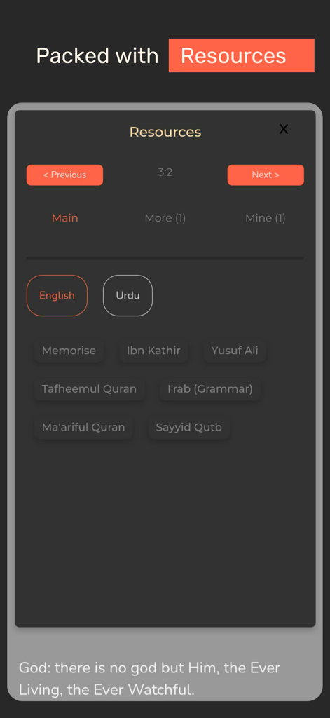 QuranHive - QuranHive app resources screen showing various translations and tafsir options
