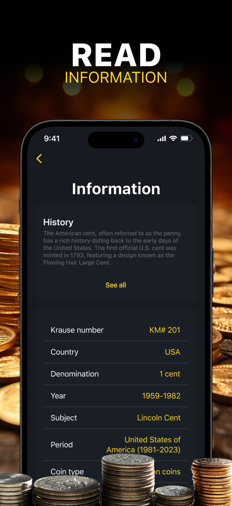 Coin Identifier: Money Scanner - Pantalla móvil mostrando datos históricos y técnicos de una moneda Cent de Lincoln en la aplicación de identificación.