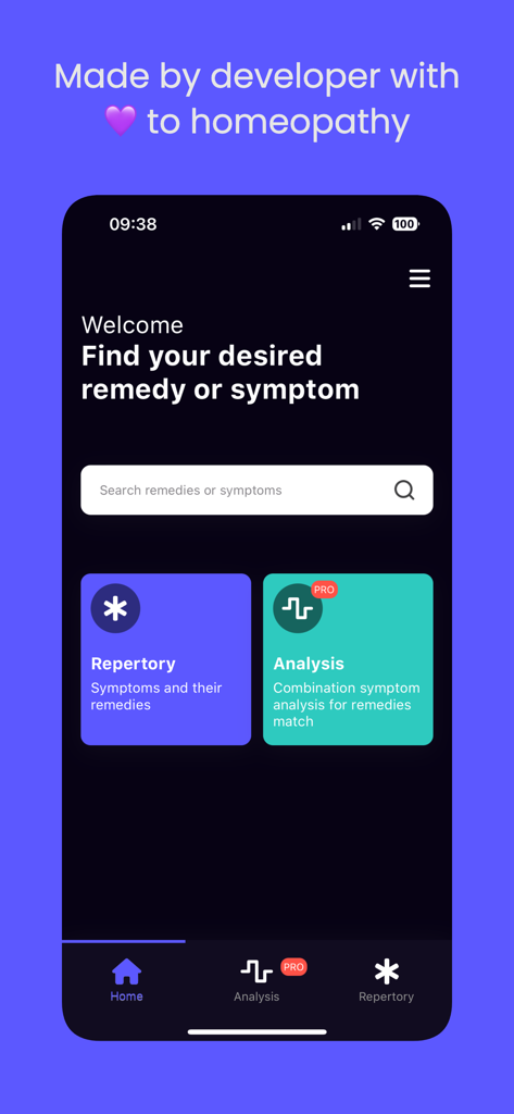 Healio Homeopathy - Healio Homeopathie App Home-Bildschirm mit Symptomsuche und Repertorien-Optionen.