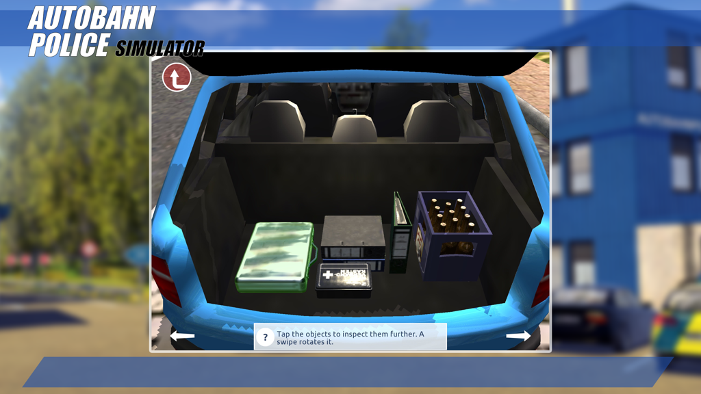 A view of the open trunk of a police car containing equipment and items for inspection in Autobahn Police Simulator