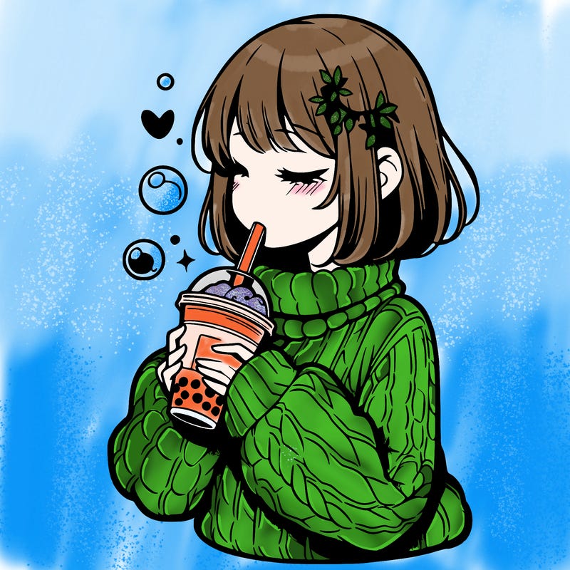 manga girl drinking boba in cozy sweater
