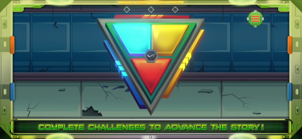 Una colorida pantalla de rompecabezas triangular en la aplicación Power Rangers Beast Morphers con instrucciones para completar desafíos.