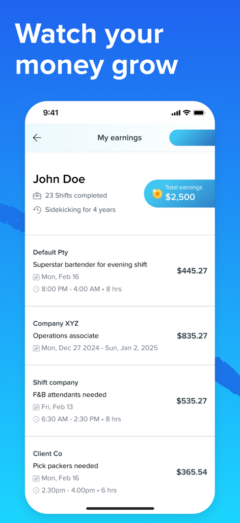 Dashboard der Sidekicker-App mit dem Gesamtverdienst eines Nutzers und einer detaillierten Schichthistorie für verschiedene Einsätze.