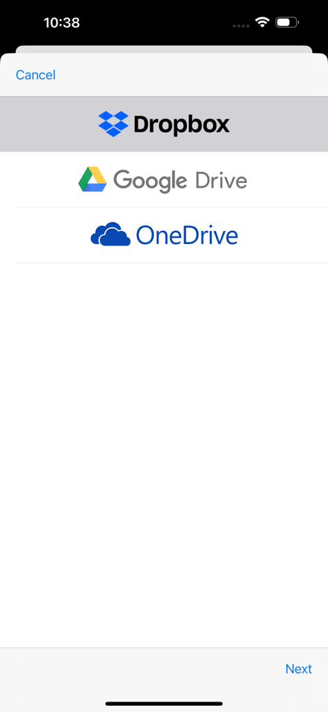 MobiDB Database - Écran de l'application MobiDB Database montrant les options de synchronisation cloud pour Dropbox, Google Drive et OneDrive