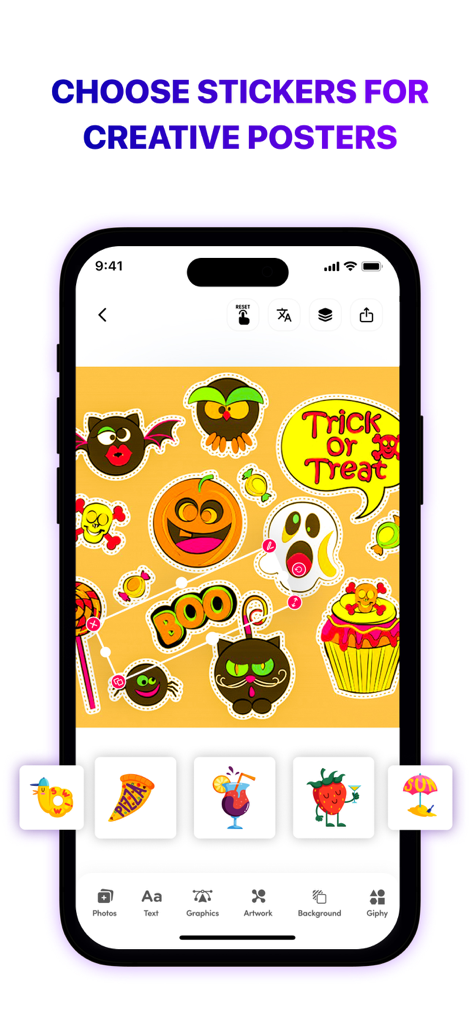 Interface de l'application Poster Maker pour choisir et ajouter des autocollants créatifs à un design de flyer.