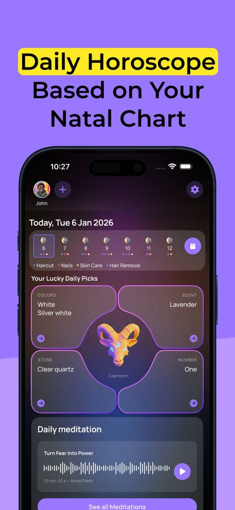 Interfaz de la aplicación Stargaze que muestra un horóscopo diario basado en una carta natal con colores y aromas de la suerte