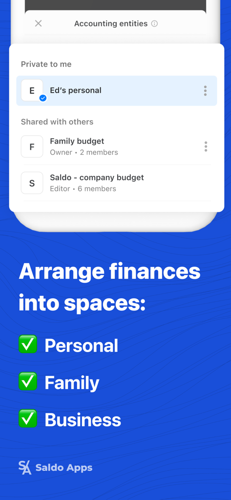 Saldo: Finance Management App - A menu showing different budget spaces for personal, family, and business finances.