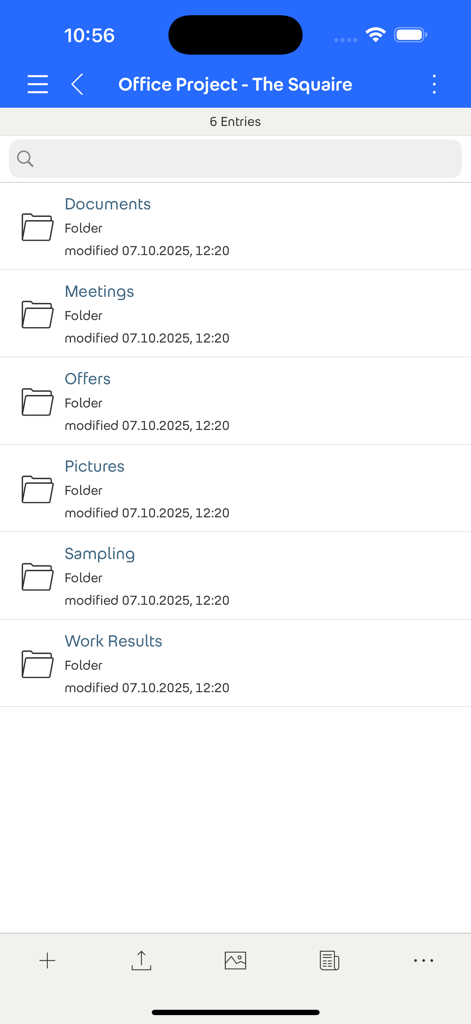 Fabasoft - Oberfläche der Fabasoft-App, die eine Liste von Projektordnern anzeigt, darunter Dokumente, Besprechungen und Angebote
