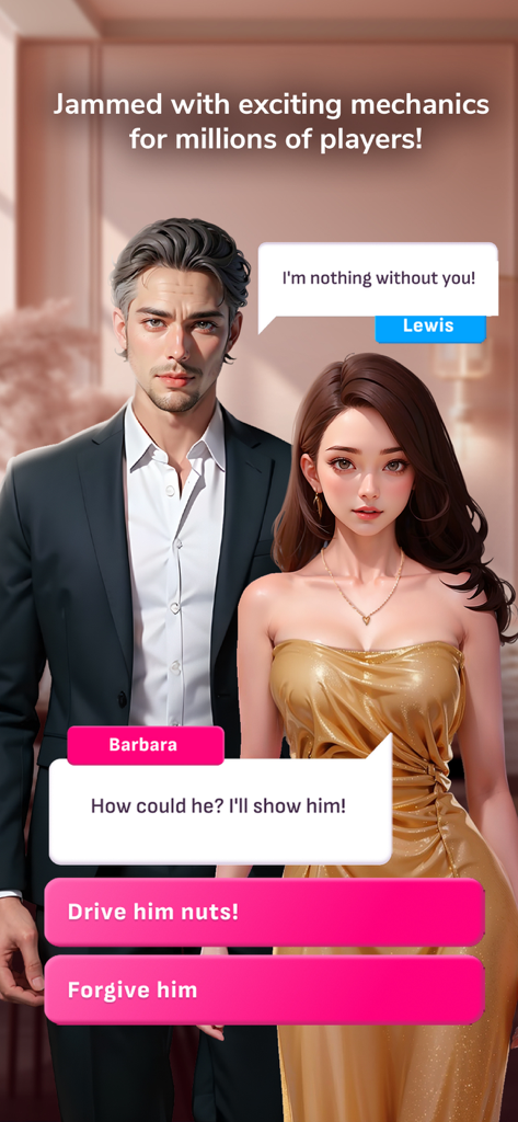 A man and woman in formal attire with interactive dialogue choices in the Blushed romance game.