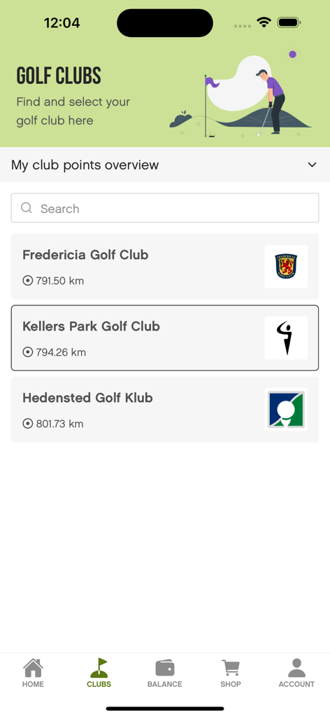 Compu Golf - Interfaz de la aplicación Compu Golf mostrando una lista de clubes de golf y driving ranges con información de distancia