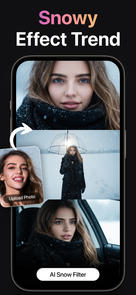 AI Video Generator + Creator - AI Video Generator app showing the viral snow filter trend on a mobile phone screen