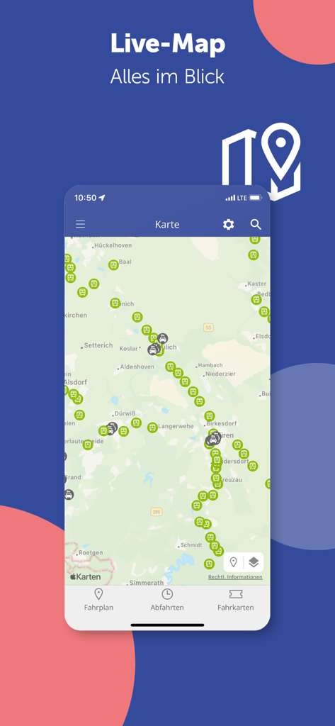 AVV connect - AVV connect naveo app live map showing real-time transit vehicle locations in the Aachen region of Germany.