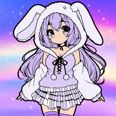 pretty anime girl wearing a fluffy hoodie with bunny ears on the hood and a skirt