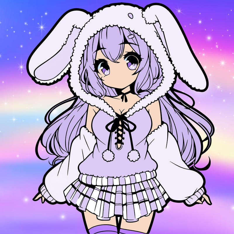 pretty anime girl wearing a fluffy hoodie with bunny ears on the hood and a skirt