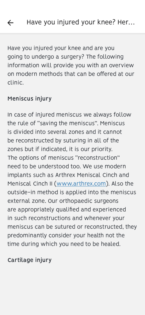 CZ Clinic Operace - Educational screen within the app detailing meniscus and cartilage injury treatments for patients.