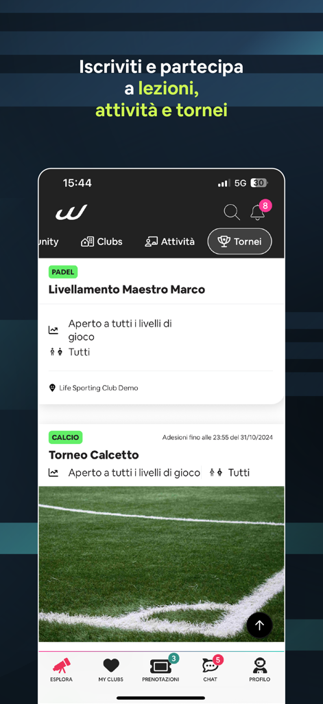 Wansport - Wansport mobile app interface showing Padel and Soccer tournaments and lesson bookings
