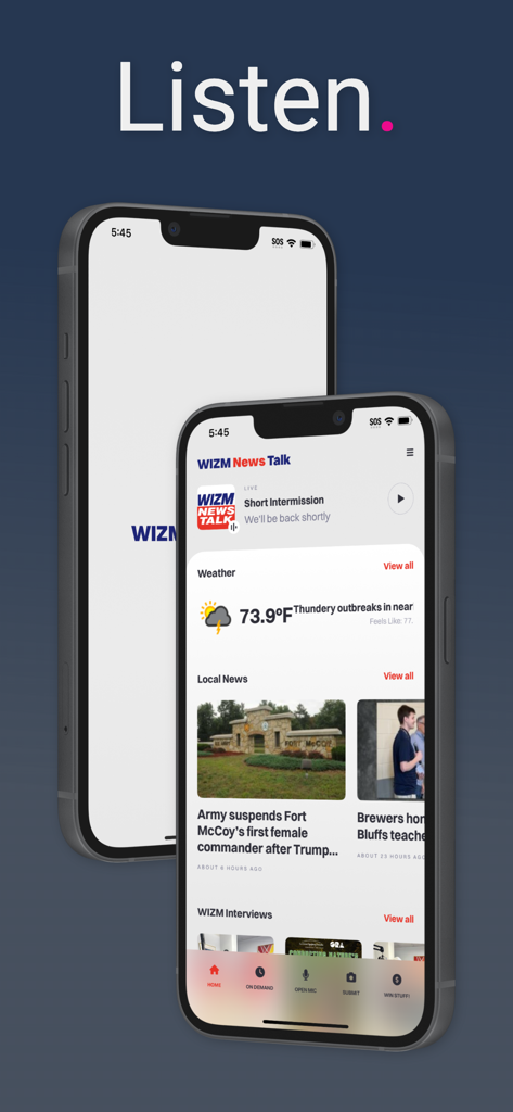 Aplicativo móvel WIZM News Talk mostrando reprodutor de rádio ao vivo, histórias de notícias locais e atualizações meteorológicas em uma tela de iPhone