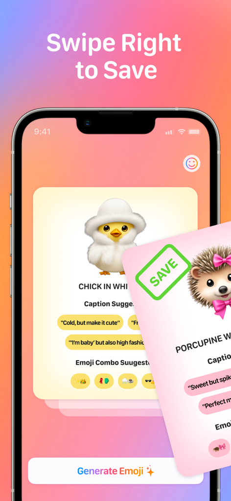 A mobile app screen showing the swipe right to save feature for AI generated emojis including a chick in a hat and a porcupine with bows.