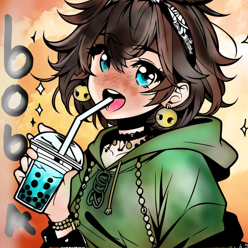 hot baddie anime girl drinking boba and biting the straw