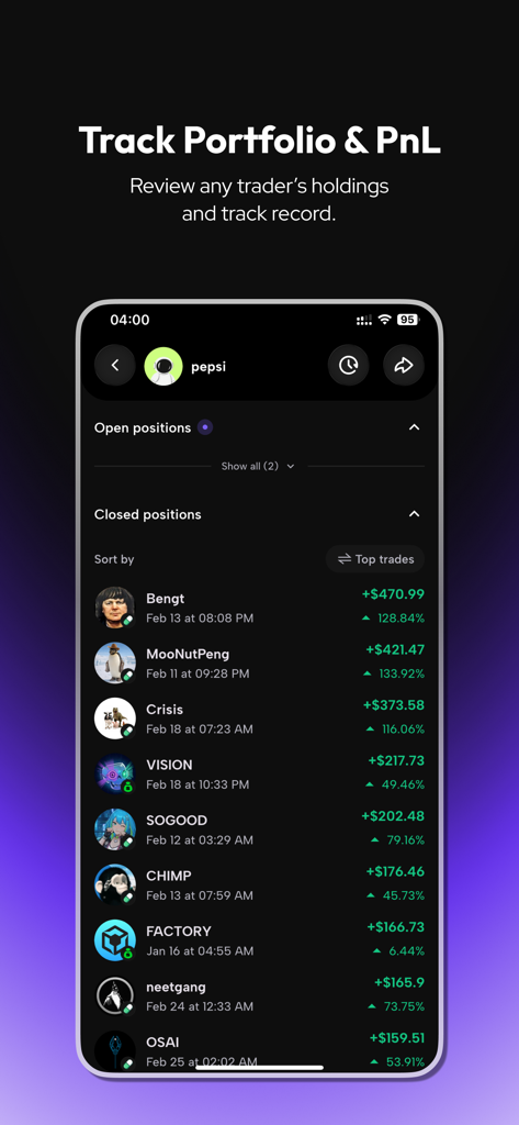 MoonRush: Social Trading - MoonRush app screenshot showing a trader profile and portfolio performance with closed positions and profits.