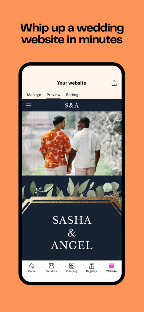 Ein mobiler Bildschirm, der die Vorschau einer personalisierten Hochzeitswebsite für Sasha und Angel in der The Knot App zeigt.