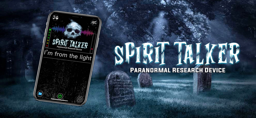 Spirit Talker ® - Spirit Talker app interface on a smartphone displayed in a misty graveyard at night