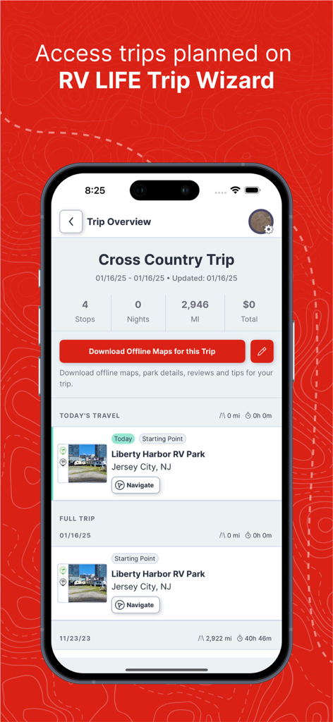 RV LIFE app interface showing a planned cross country trip with options to download offline maps and navigate to RV parks