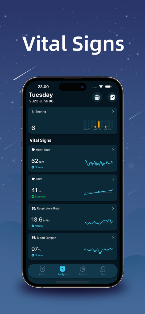 iSleeper: Sleep Tracker - Aplicativo rastreador de sono iSleeper mostrando painel de sinais vitais com métricas de frequência cardíaca, HRV e oxigênio no sangue em um iPhone