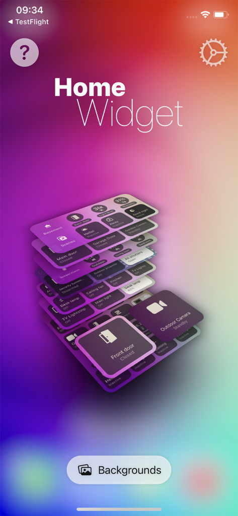 Home Widget - for HomeKit - Home Widget app interface showing stacked smart home control panels on a colorful gradient background