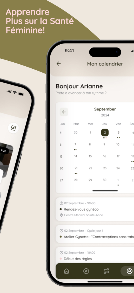 Gynette - Mobile interface of Gynette app displaying a health calendar with period tracking and gynecological appointments