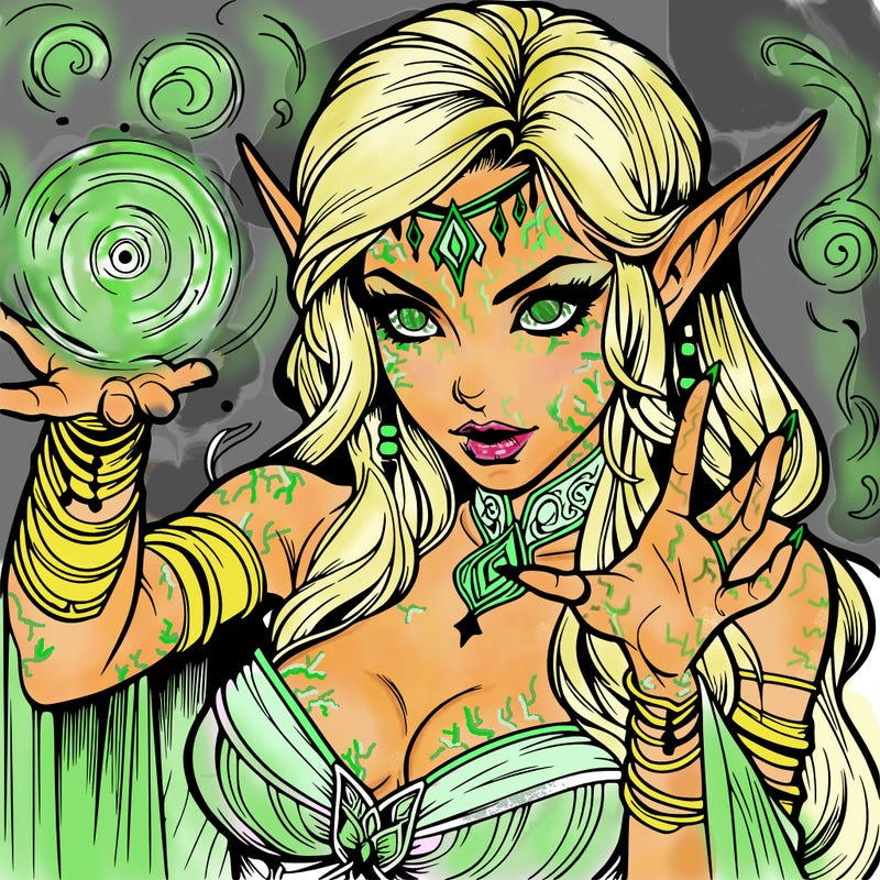 realistic scary beautiful elf sorceress casting spell
