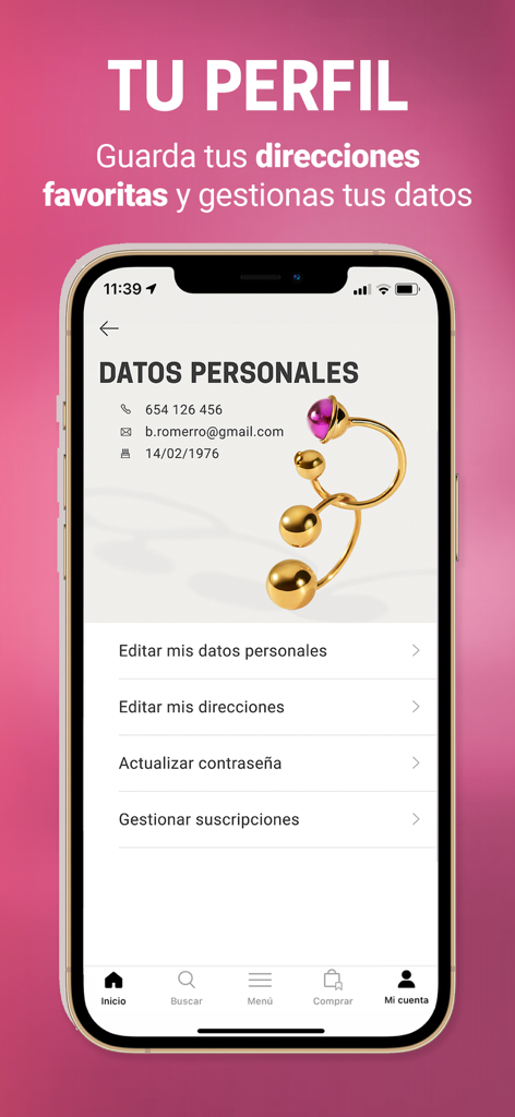TOUS - User profile and personal account management screen in the TOUS app showing options to edit data and addresses