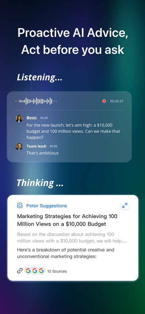 Interfaz de la aplicación Proactor AI que muestra transcripción en tiempo real y sugerencias inteligentes proactivas durante una reunión de negocios