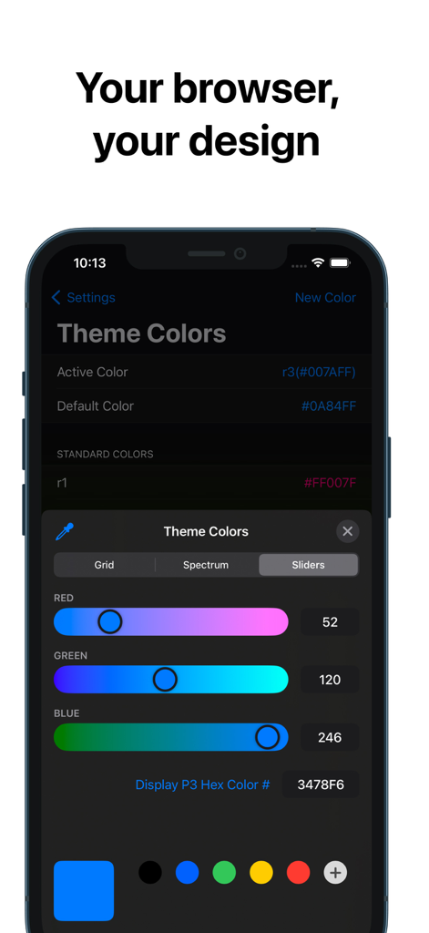 RedApp Lite: Private Browser - RedApp Lite theme color customization interface with sliders on iPhone