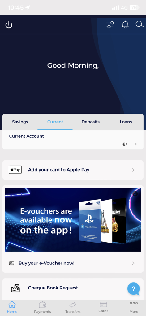 Painel do aplicativo Iskan Mobile exibindo opções de conta para contas poupança e correntes, juntamente com recursos de Apple Pay e e-voucher