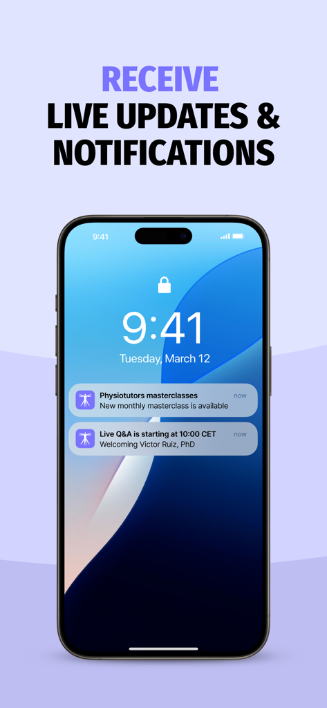 Physiotutors - iPhone screen showing Physiotutors notifications for masterclasses and live Q&A sessions.