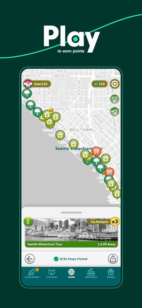 Oberfläche der SEA&WIN-App, die eine Karte von Seattle mit verschiedenen Markierungen für ein Preissuche-Spiel zeigt.