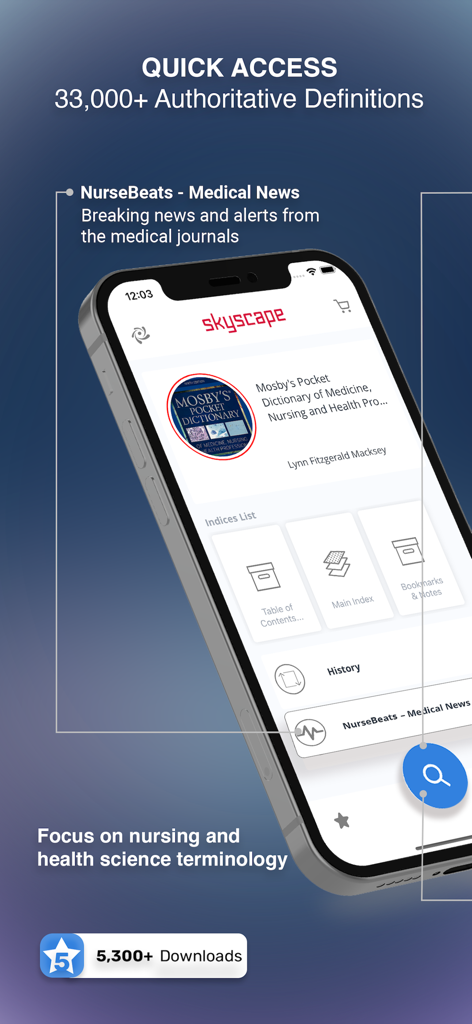 Interface of Mosbys Pocket Dictionary app featuring nursing terminology and medical news