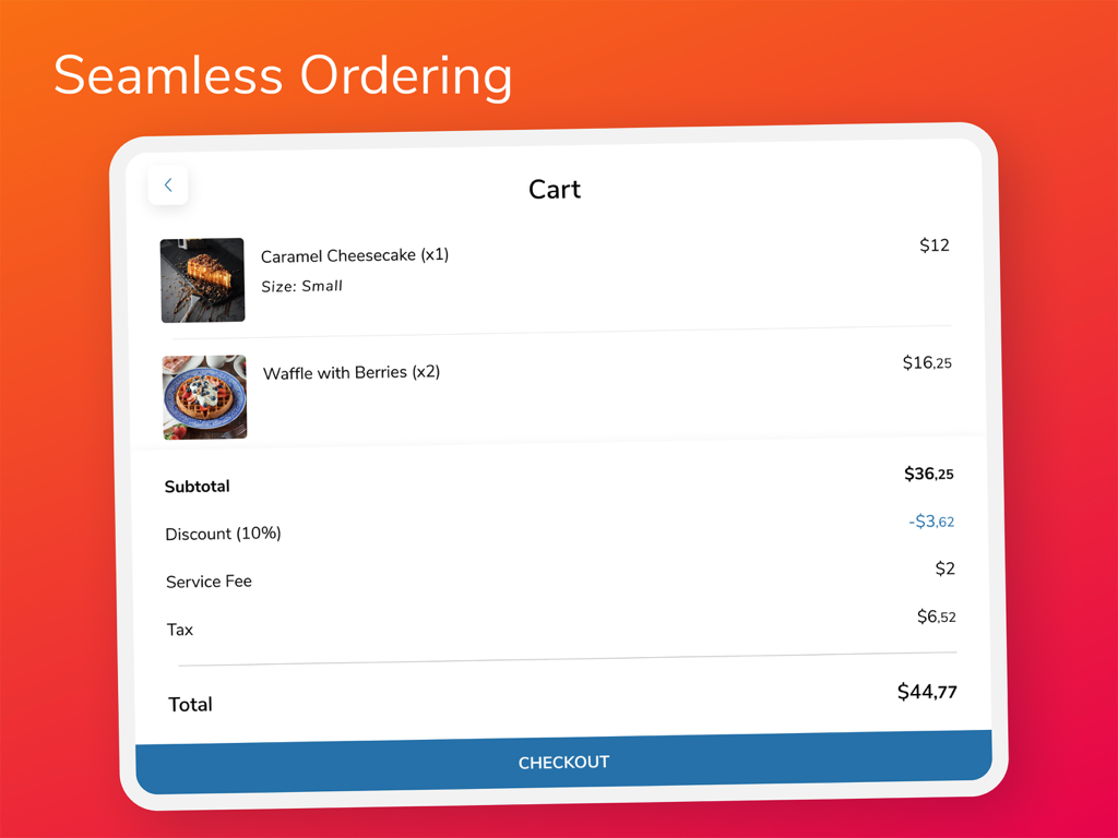 FineDine Tablet Menu App - FineDine tablet menu app showing a seamless ordering cart screen with itemized pricing and checkout button.