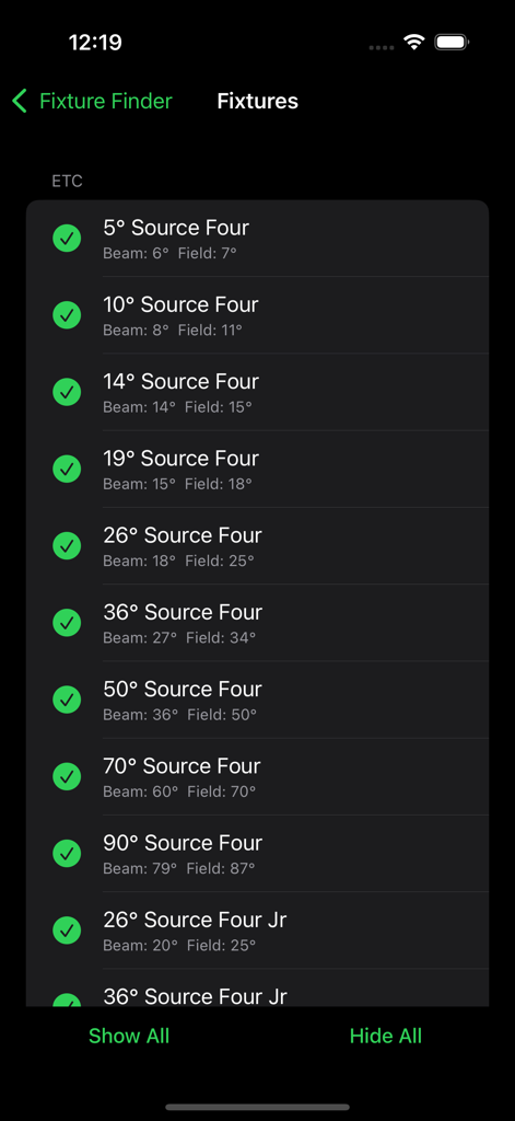 Fixture Finder - List of ETC Source Four lighting fixtures with beam and field angles in the Fixture Finder app