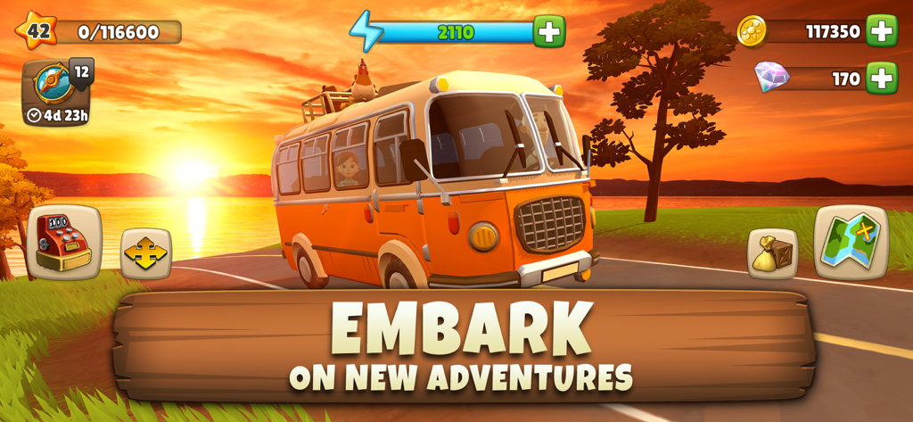 Sunrise Village Adventure Game - Ein Charakter sitzt bei Sonnenuntergang in einem orangefarbenen Bus, mit dem Text 'Begib dich auf neue Abenteuer in Sunrise Village'.