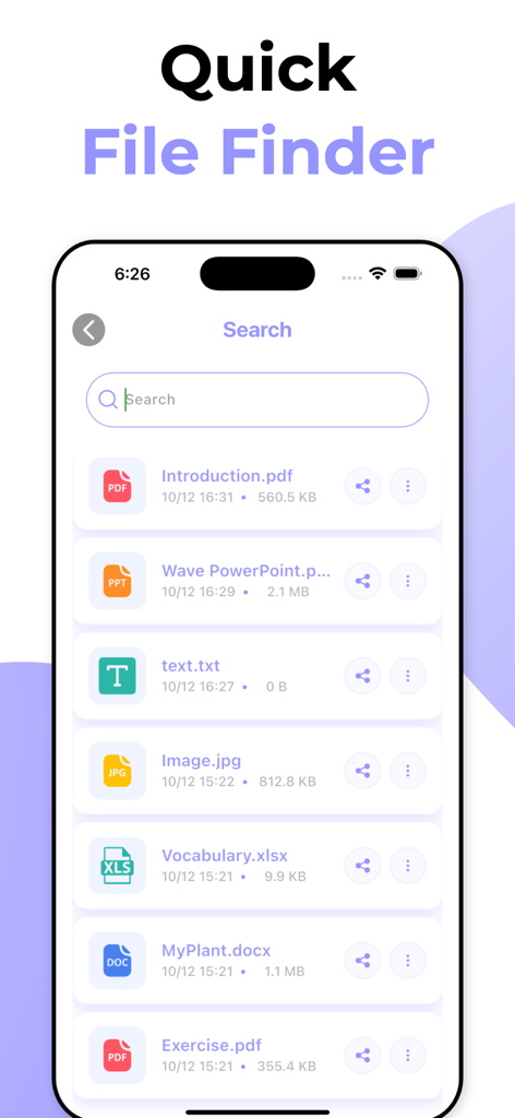 PDF Converter , word to pdf - Mobile app screen showing the Quick File Finder feature with a search bar and a list of PDF Word and Excel files