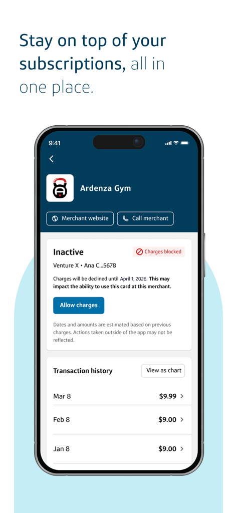 Capital One Mobileアプリのインターフェースで、月額サブスクリプション料金を管理およびブロックします。