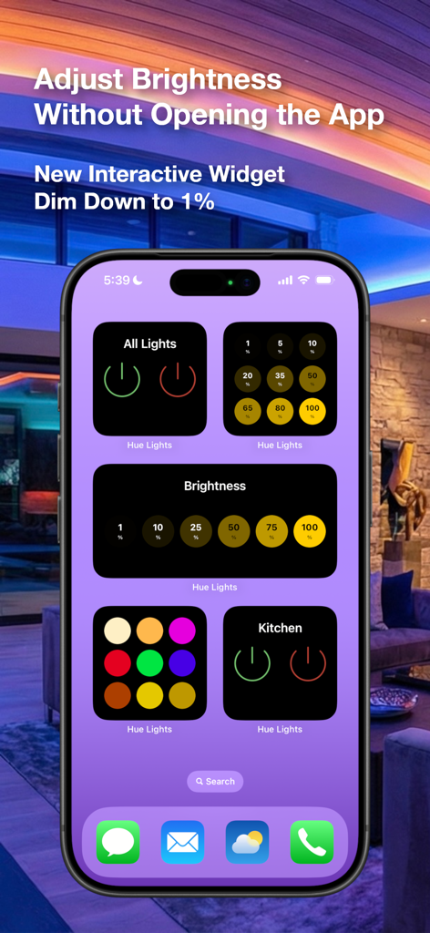 Hue Lights interactive widgets on an iPhone for smart home brightness and power control.