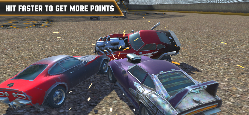 Car Crash Battle Arena 2021 - Three cars colliding in a demolition derby arena with sparks and debris
