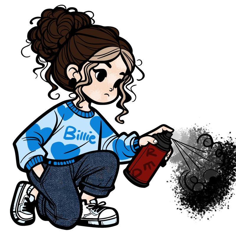 pretty girl with curly hair in a messy bun with jeans and baggy shirt, spray painting