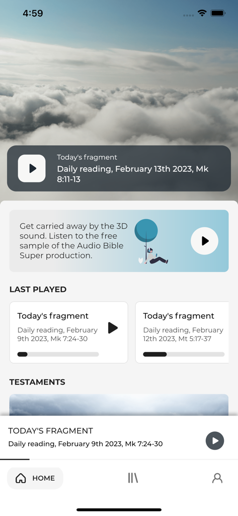 The AudioBible Superproduction - The AudioBible Superproduction app home screen displaying daily Scripture fragments and audio player.