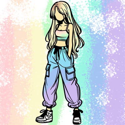 girl in baggy pants crop top and long hair