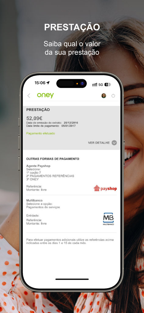 Oney Portugal - Tela do aplicativo Oney Portugal mostrando detalhes de parcelamento e métodos de pagamento como Multibanco e Payshop